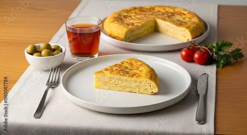 A slice of Spanish tortilla sits on a white plate next to a glass of dark beverage and a bowl of green olives on a set table.