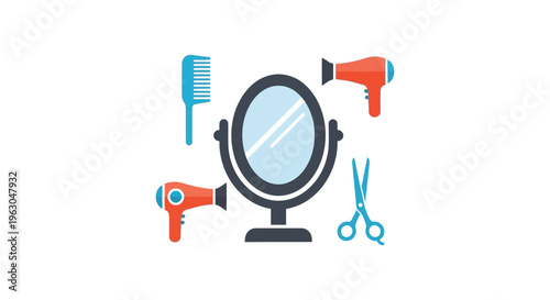 Hair salon tools flat lay with mirror for beauty and fashion branding in minimalistic colorful style with bright lighting on white background for marketing materials