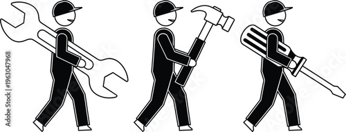 construction worker tools vector illustration, handyman carrying wrench hammer screwdriver icons, repair service symbol, mechanic builder minimal line art design