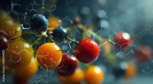 Berries, Fruits, Grapes, Cherry Tomatoes, and Apples with Overlay Chemical Molecular Structures Nutrition Science