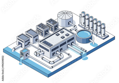 An industrial water treatment plant operates efficiently outdoors with various machinery.