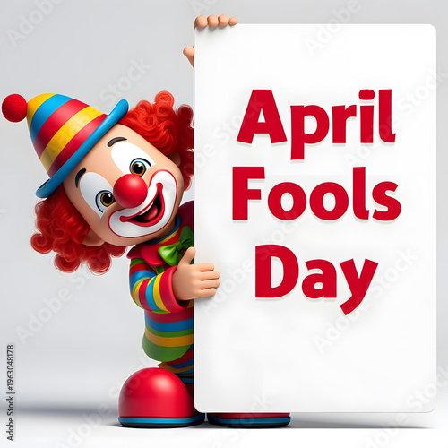 Colorful clown holding a sign for april fools day celebration