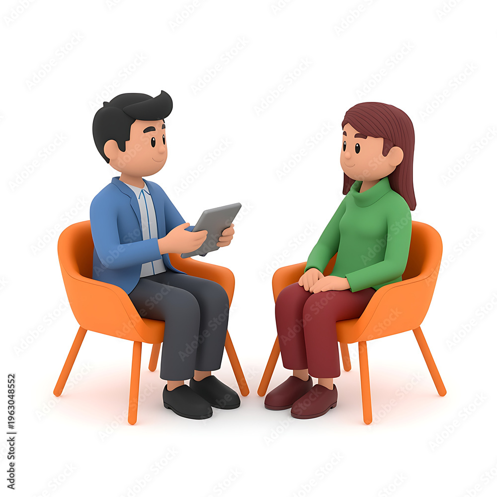 Fototapeta premium A man and woman sit in orange chairs having a conversation with a tablet