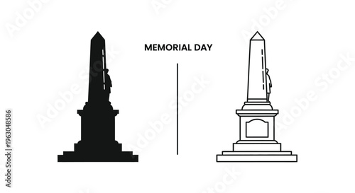 Memorial Day monuments, war memorials, tombstones, obelisks, black and white icons isolated on White Background