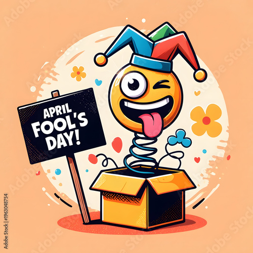 A cartoon emoji character in a jester hat pops out of a box on april fools day with a sign and colorful flowers around it
