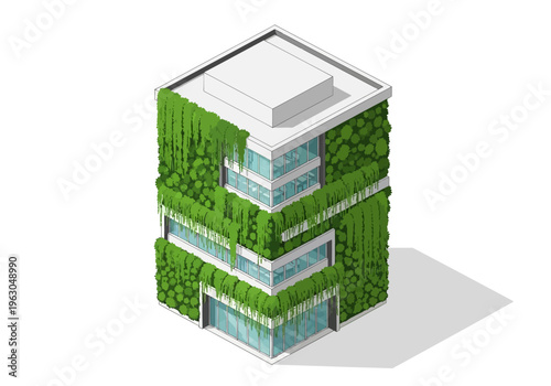 The green building showcases lush greenery on its exterior walls and balconies in a modern cityscape.