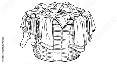 Laundry Basket Full of Clothes Line Art Illustration.