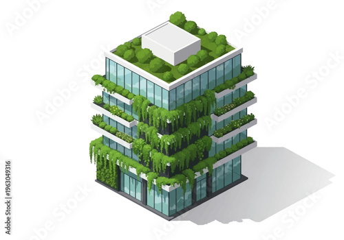 Green rooftop garden on a modern building with lush plants and trees