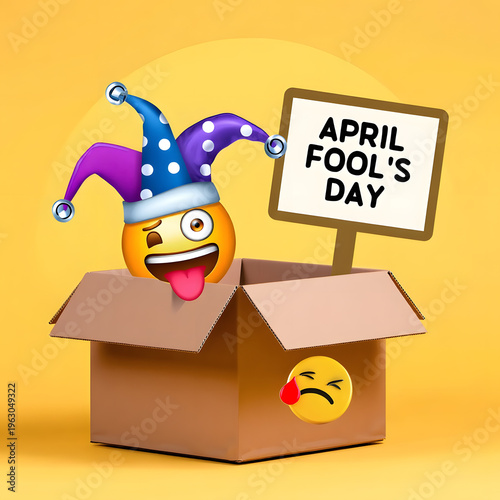 A playful emoji wearing a jester hat pops out of a cardboard box on april fools day