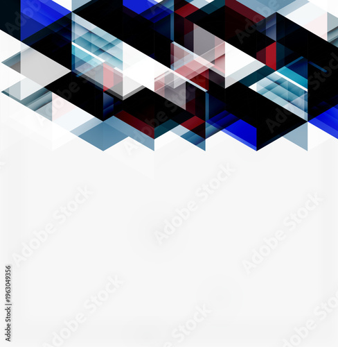 Abstract geometric design. Overlapping triangles create dynamic pattern. Dark shades contrast with white space below. Modern, minimalist aesthetic.