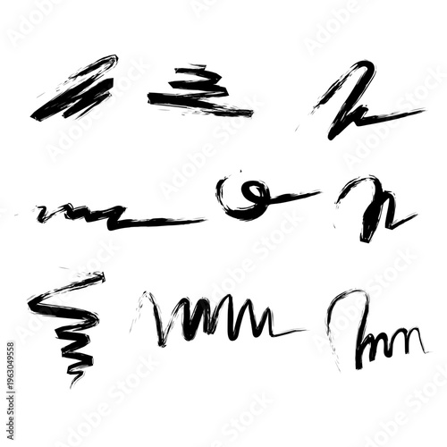 Set of Abstract Black Grunge Brush Stroke Scribbles, Hand Drawn Ink Squiggles and Messy Lines for Creative Logo Design, Minimalist Artistic Element, and Modern Graphic Texture Illustration