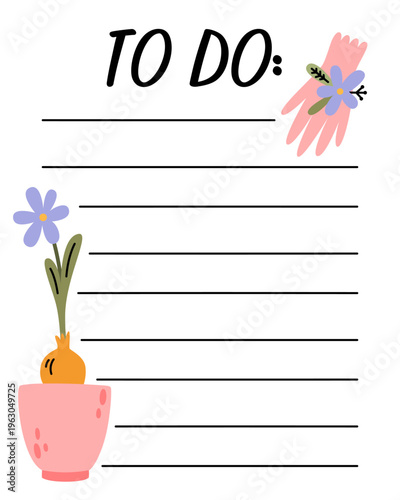 Spring gardening notes list template. Organizer and Schedule with place for Notes. Good for Kids. Vector illustration design for planner.