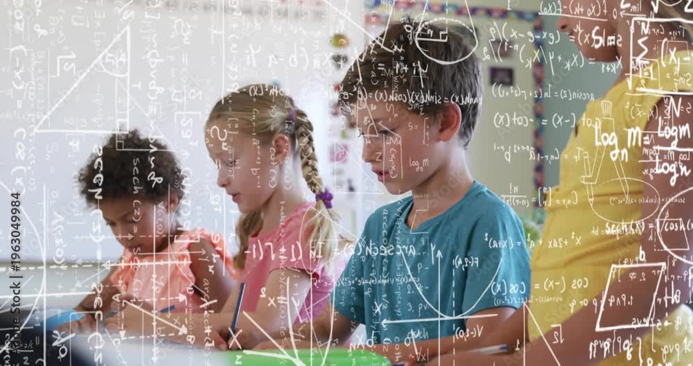 Moving Math Pupils writing in school class while teacher moving, math overlay ...