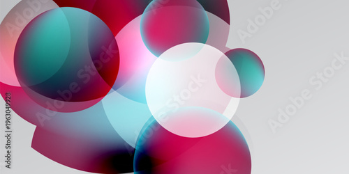 Abstract composition featuring overlapping circles. Colors include pinks, blues, whites against dark background. Modern, fluid design.