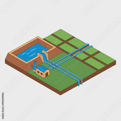Irrigation System with Water Tank and Pipes.