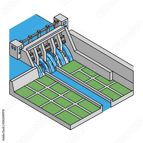 Hydroelectric Dam with Water Flowing Downstream.