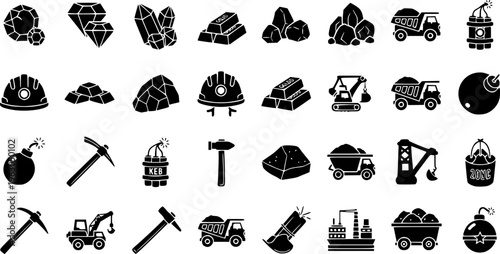 Mining and Mineral Extraction Silhouette Collection - Industrial Equipment and Precious Resources Vector Set