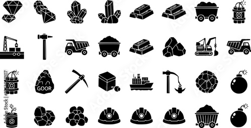 Mining and Mineral Extraction Silhouette Collection - Industrial Equipment and Precious Resources Vector Set