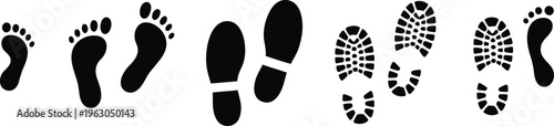 Black footprints and shoe prints barefoot
