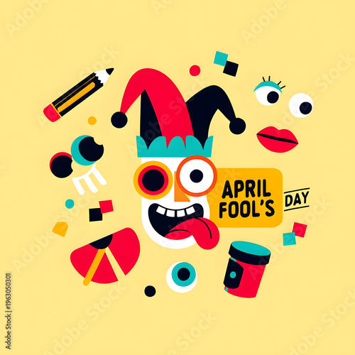 Colorful april fools day illustration with playful jester face and icons