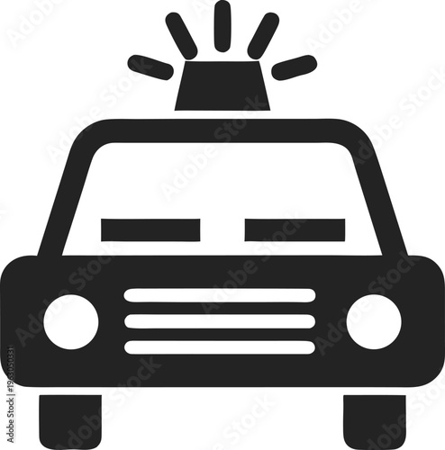 Simple black and white illustration of a police car with a light bar