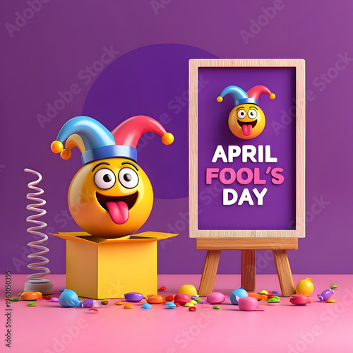 Colorful april fools day emoji with jester hat on purple background