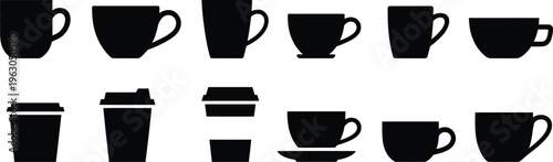 Black silhouettes of various coffee cups and mugs handles