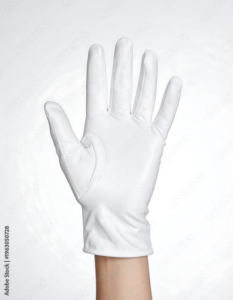 Obraz premium Close-up of a hand wearing a white leather glove, palm facing forward