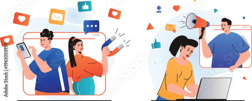 People engaging through social media and digital communication tools while sharing positive interactions and content online