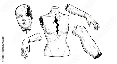 Broken Mannequin Parts Vector Illustration Set.