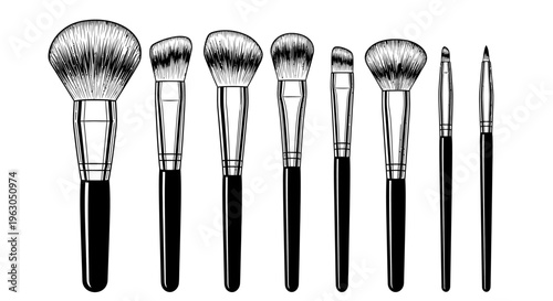 Set of various makeup brushes for cosmetic application.