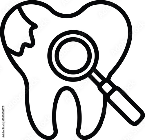 Damaged tooth with a magnifying glass examining a cavity