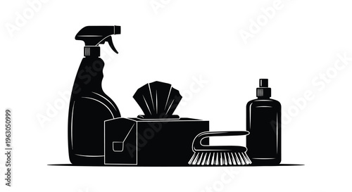 Cleaning supplies arranged in a stark graphic black silhouette