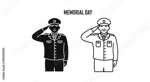 Memorial Day, military salute, soldiers, patriotic icons, black and white vector graphics isolated on White Background