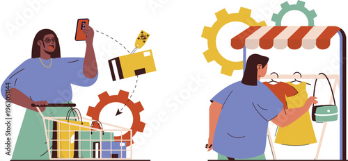 Woman shopping online with phone while another browses physical store with hanging clothes and bags nearby