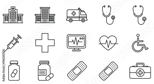 Medical icons set hospitals ambulance tools and healthcare symbols in line art