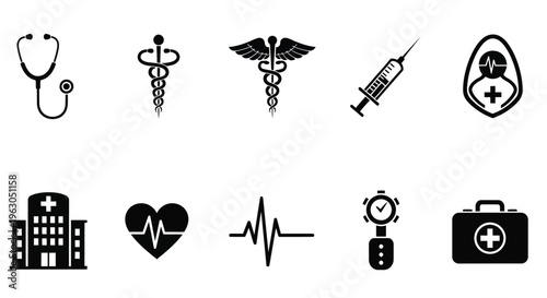 Collection of black medical icons representing healthcare tools and emergency services
