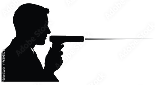 A man aiming a handgun dark form against a white background silhouette