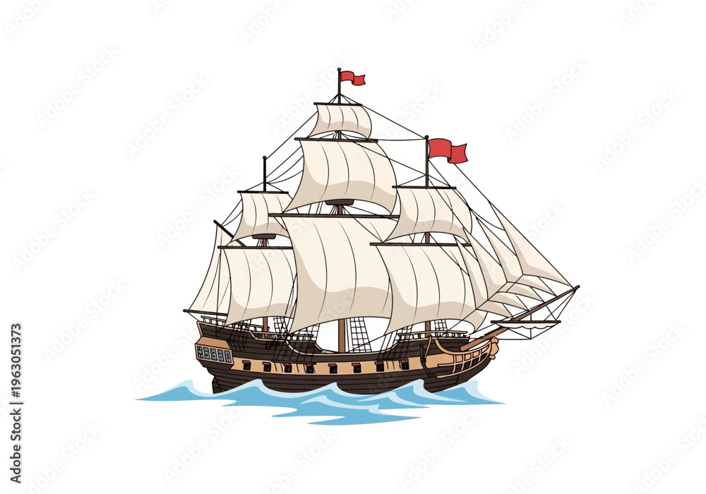 Naklejka premium A cartoon illustration of a brown multimasted sailing ship with white sails on blue waves