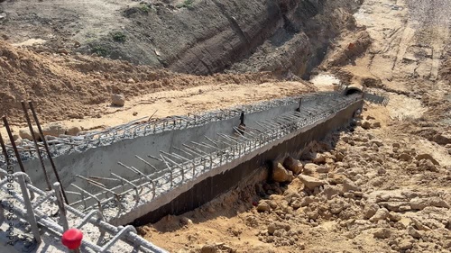 Reinforced concrete foundation structure at a construction site