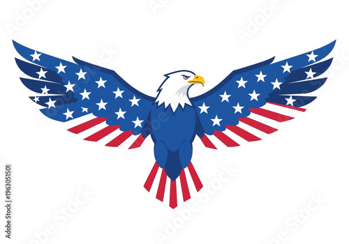 Stylized bald eagle with wings patterned like the American flag