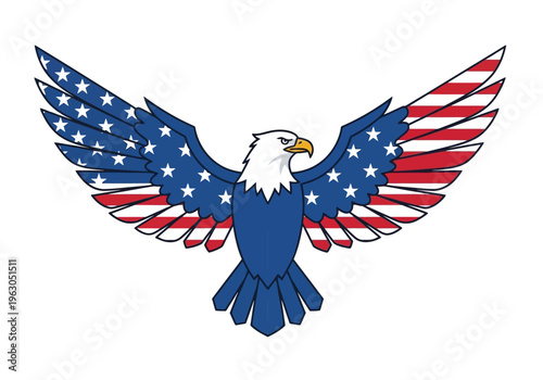 Stylized bald eagle with wings decorated with American flag elements
