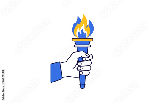 Stylized illustration of a hand holding a blue and yellow flaming torch