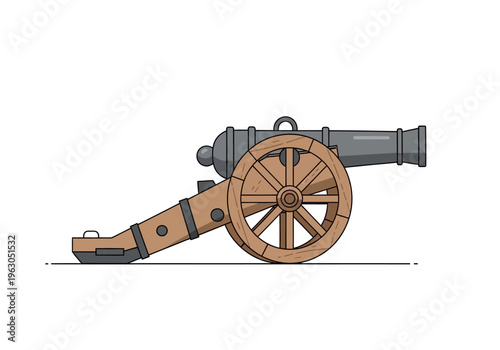 Stylized drawing of a grey cannon barrel mounted on a wooden carriage with large spoked wheels