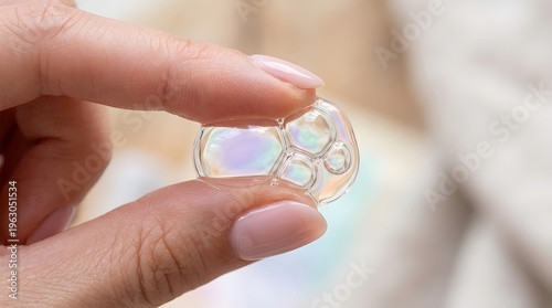 Close-up of a hand holding a small, transparent, shiny object