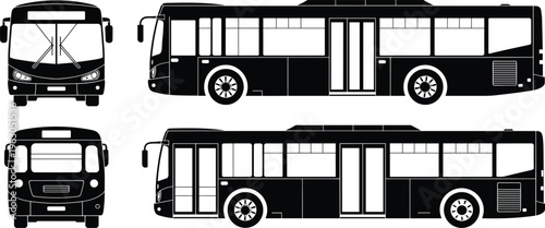 Bus silhouette illustration, public transport icon, front view bus, side view bus, commuter vehicle design, travel graphic, transportation outline, road journey art