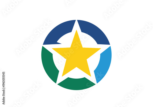 White background with central yellow fivepointed star encircled by segmented blue and green ring