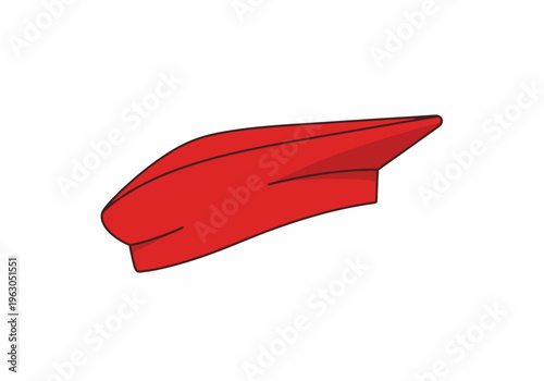 A stylized red pointed chefs hat or toque viewed sideways