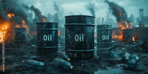 Oil crisis scarcity concept in war zone, oil barrel in a destroyed urban environment with fire and heavy smoke in the background