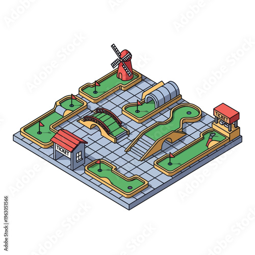 Miniature Golf Course with Obstacles and Buildings.